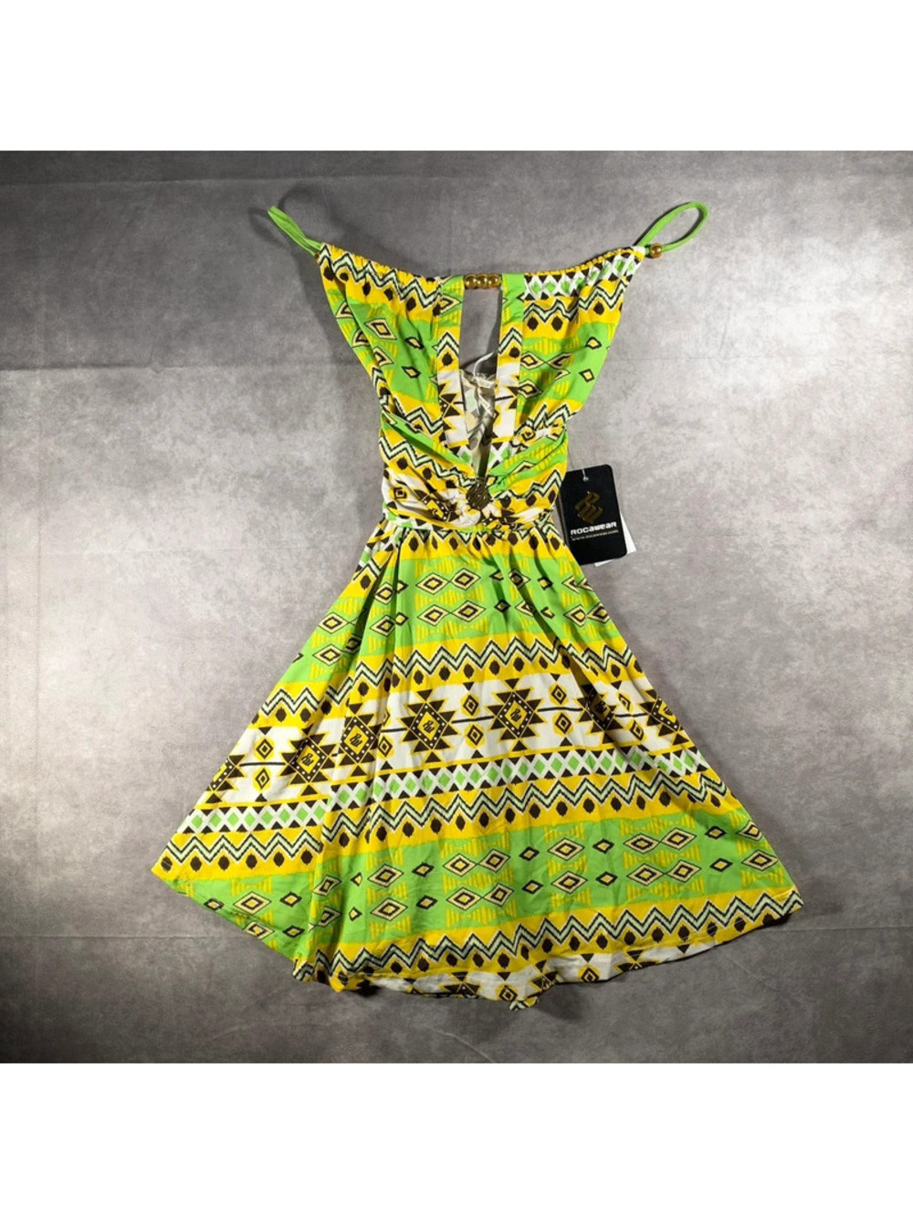NWT Rocawear Y2K Lime Green Tribal Print Halter Dress Gold Logo Hardware Medium